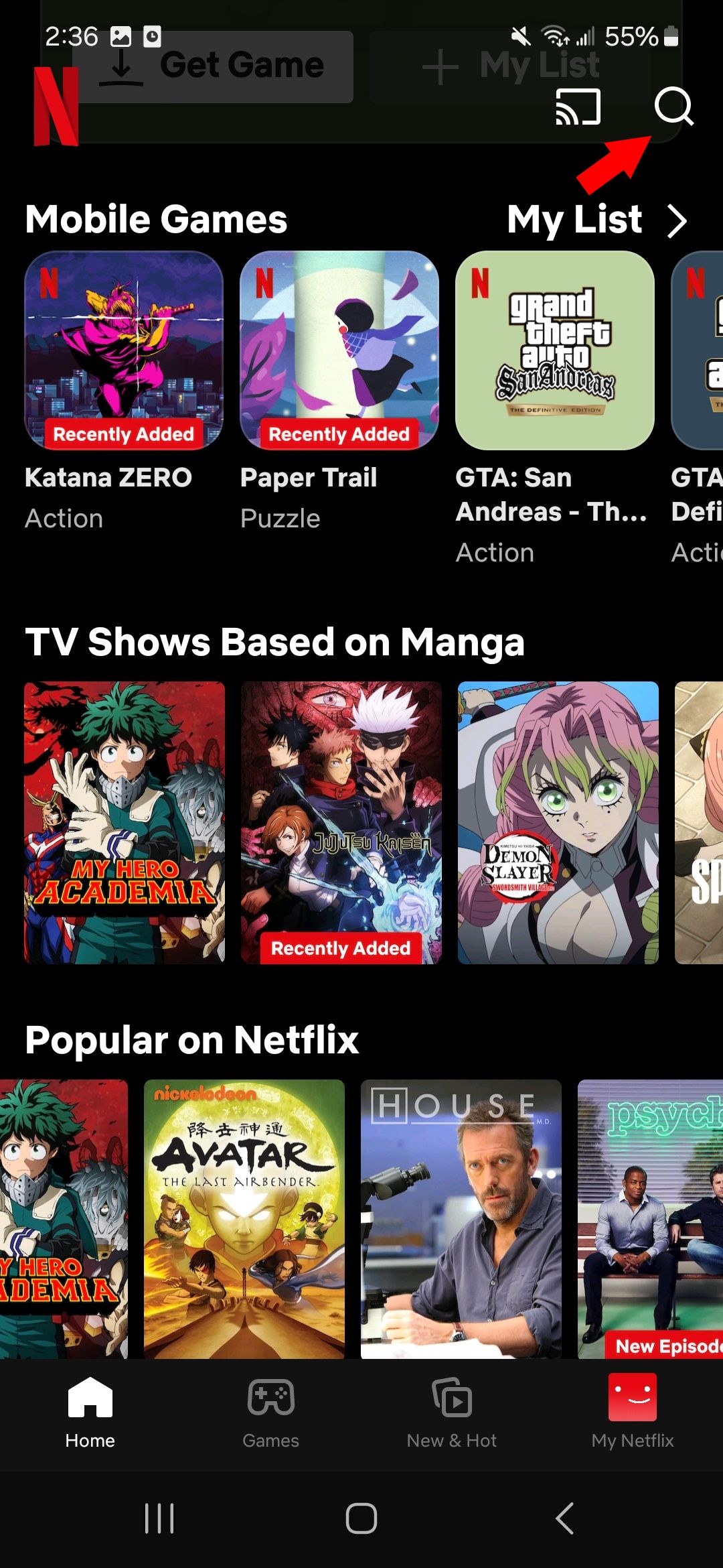 red solid arrow pointing to search icon on the Netflix app home page