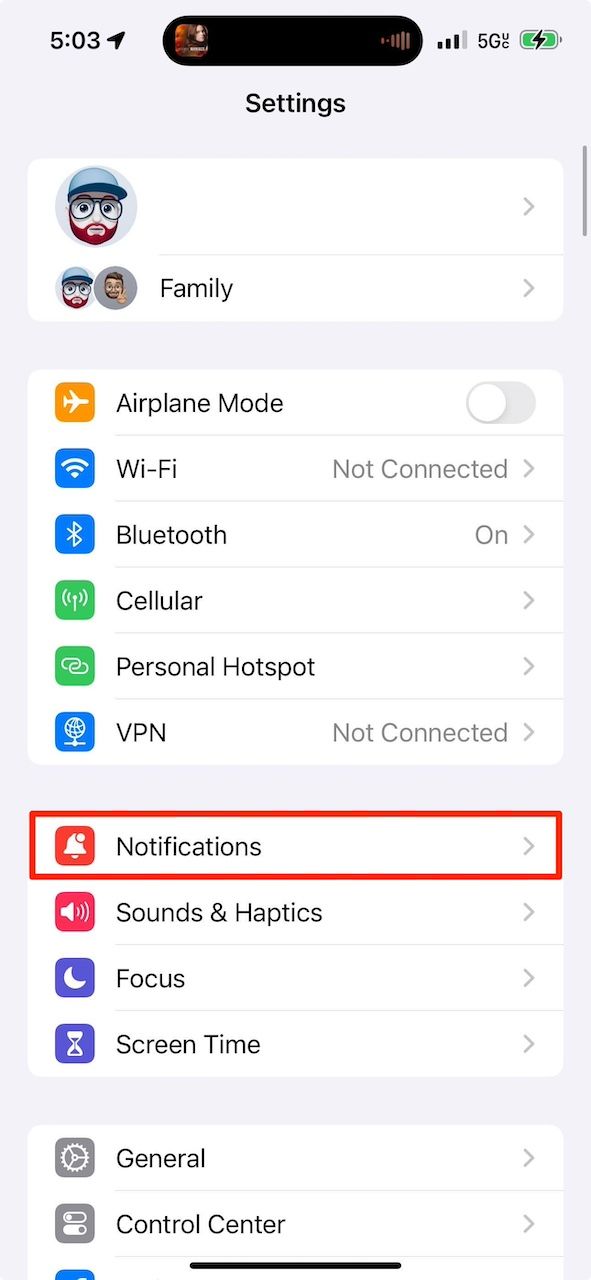 Selecting Notifications option in iPhone Settings menu