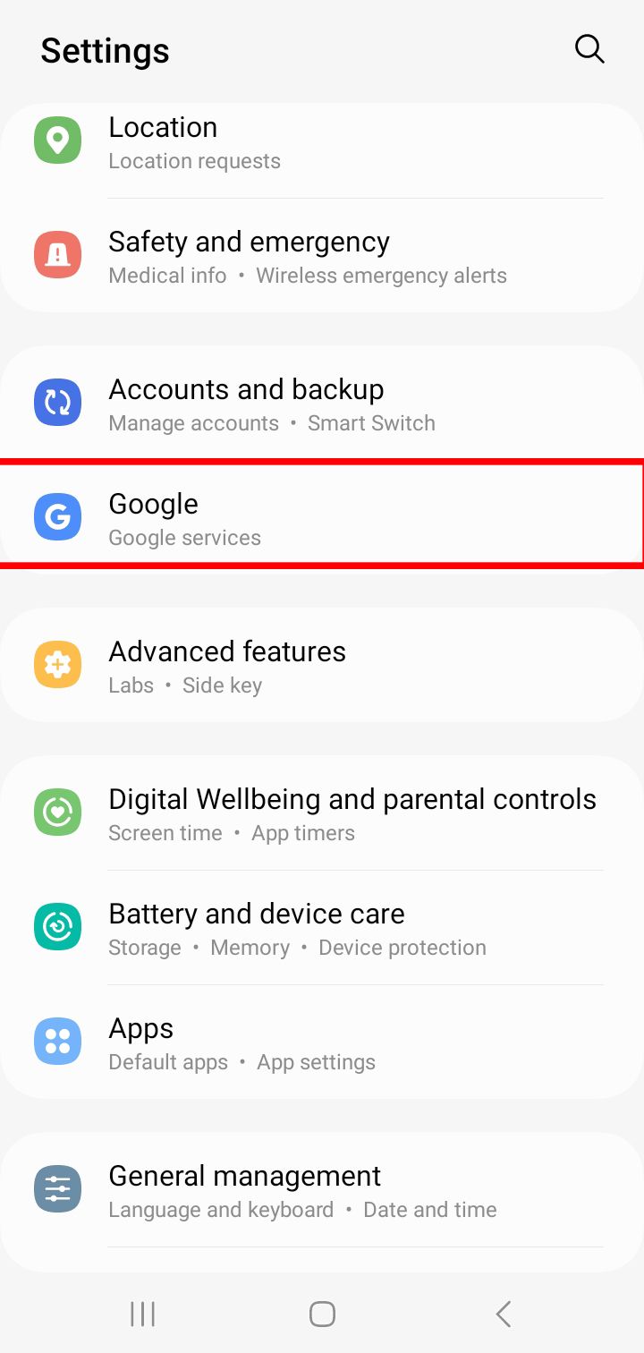 Android settings menu showing various options including Google services
