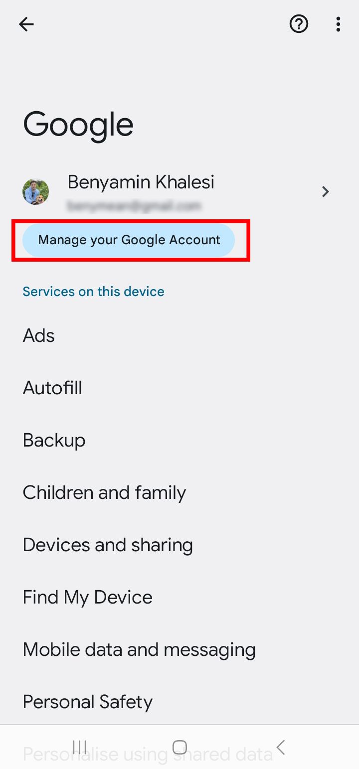 Google account management screen with option to "Manage your Google Account" highlighted