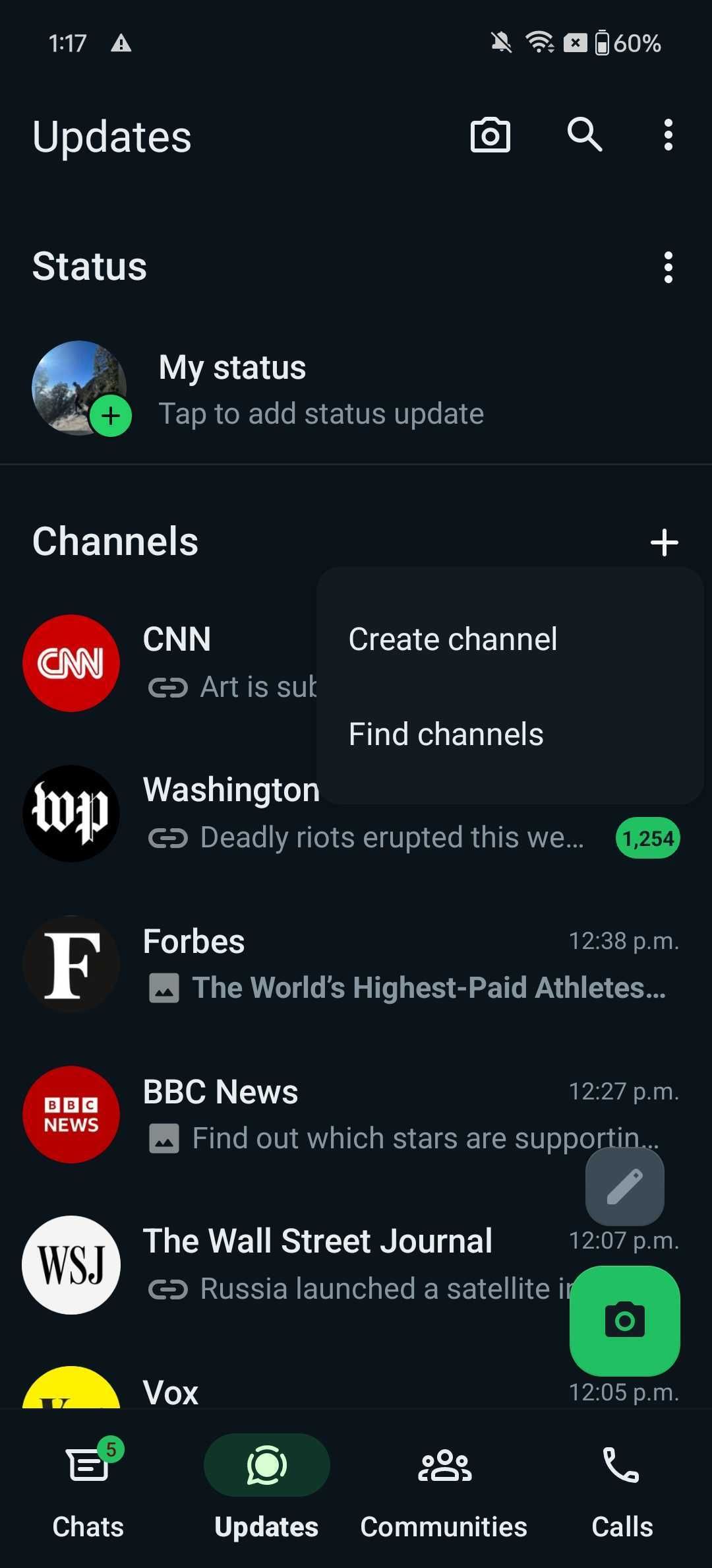 A screenshot of the WhatsApp Updaes menu showing the old location of the create channel button.