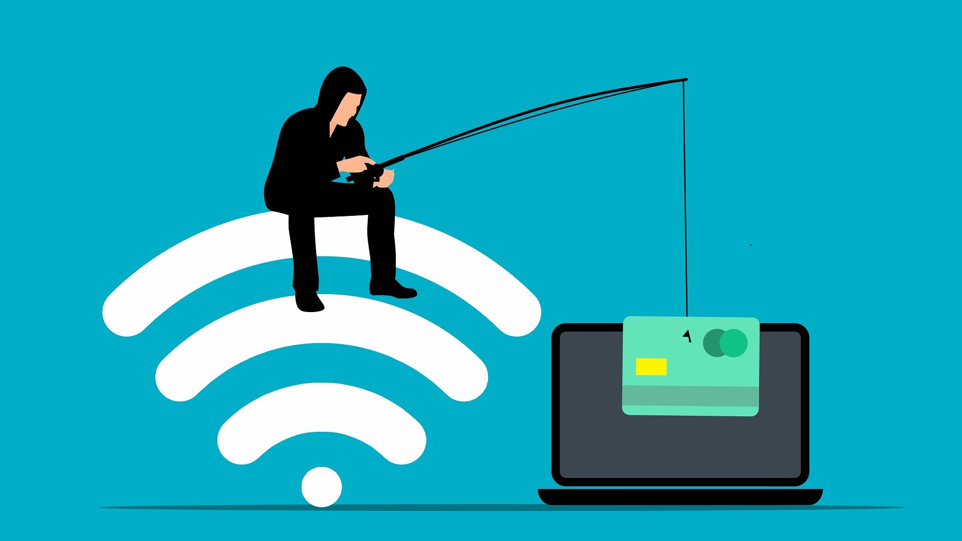 man sitting on wi-fi icon with a reeling in a credit card from a computer