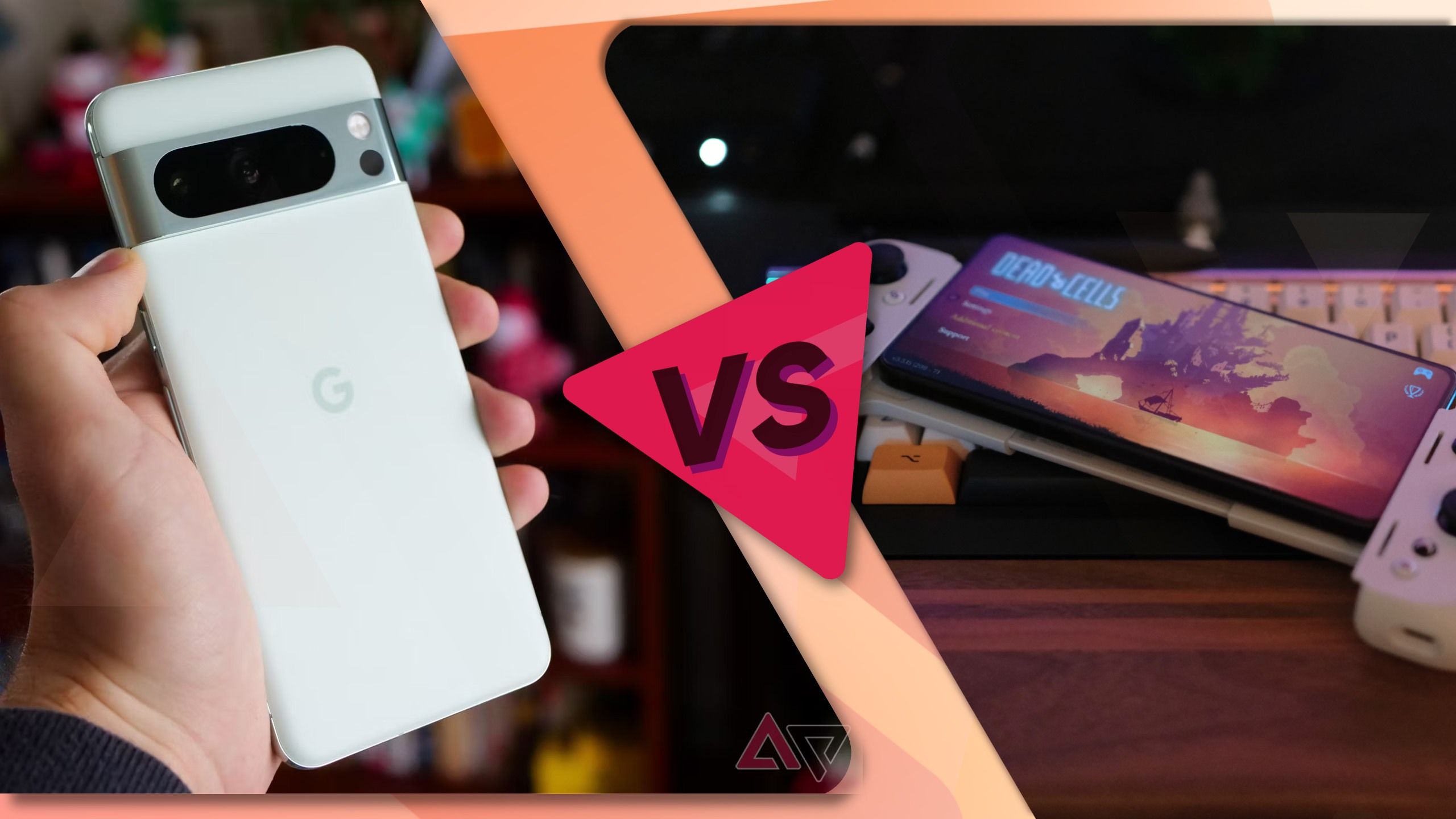 A stylized comparison between the Pixel 8 Pro and ROG Phone 8