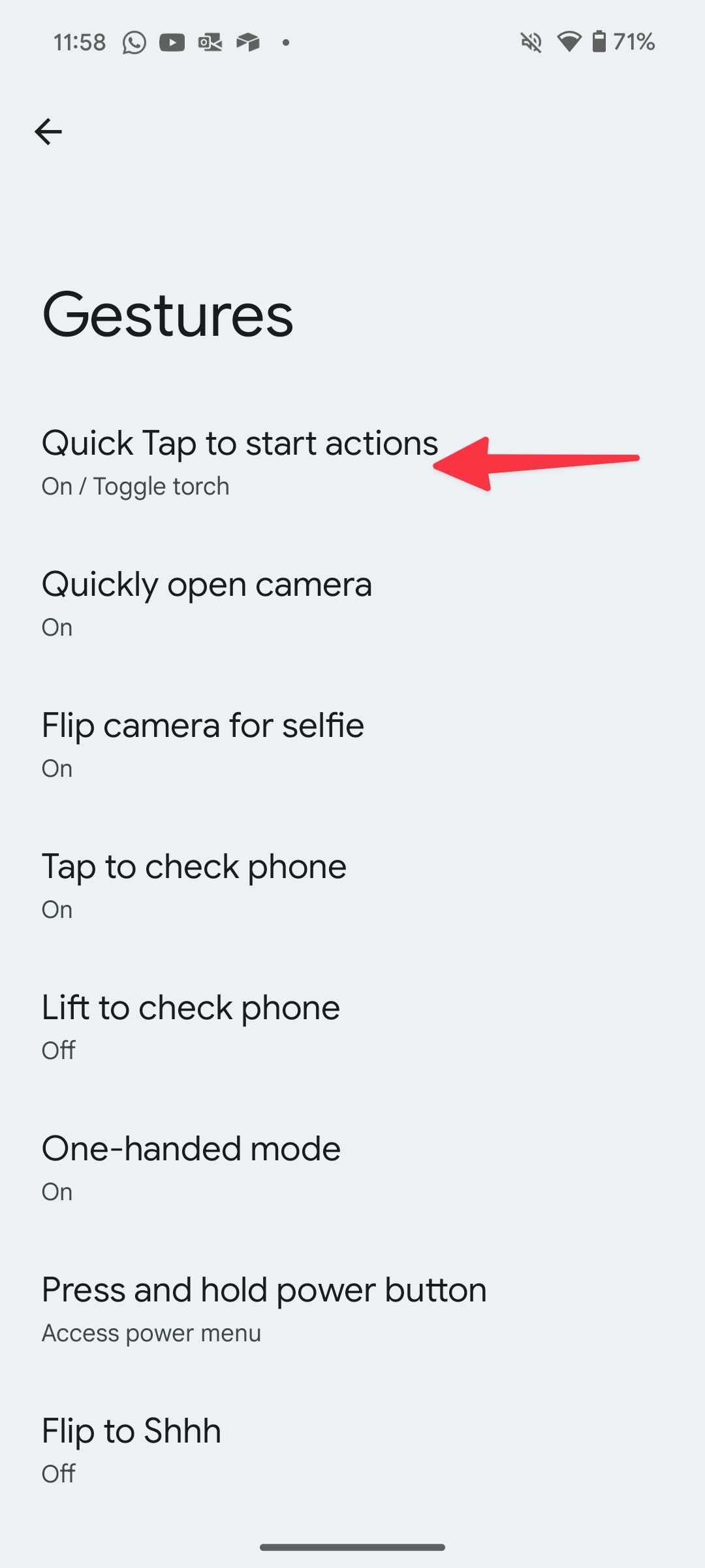 Quick tap gesture on Pixel 8a