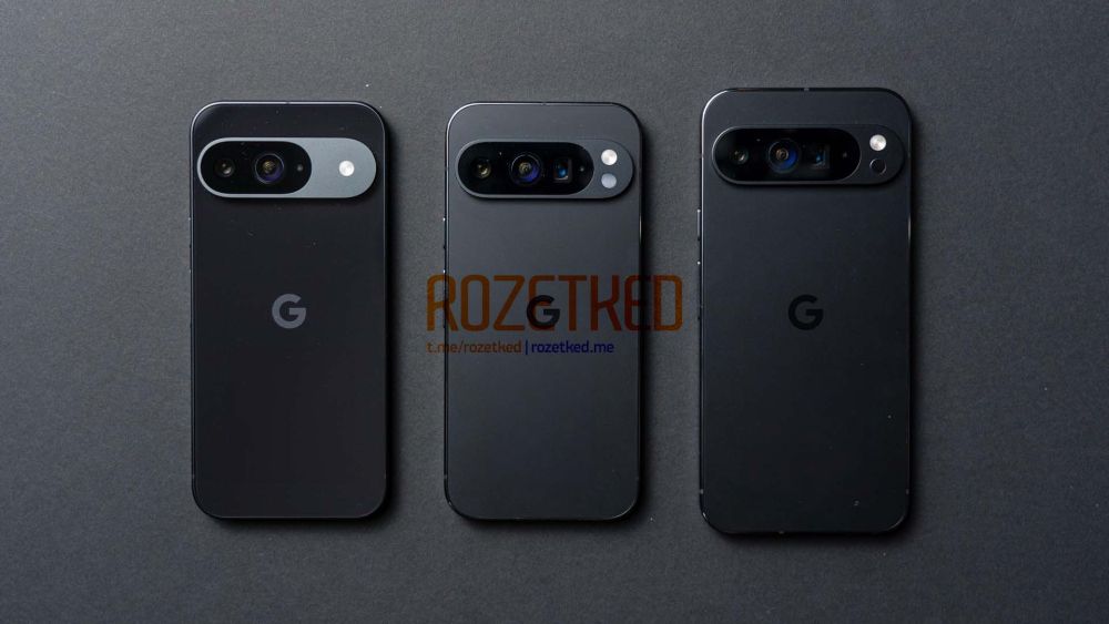 Side-by-side shots of the back of the Pixel 9, Pixel 9 Pro and Pixel 9 Pro XL