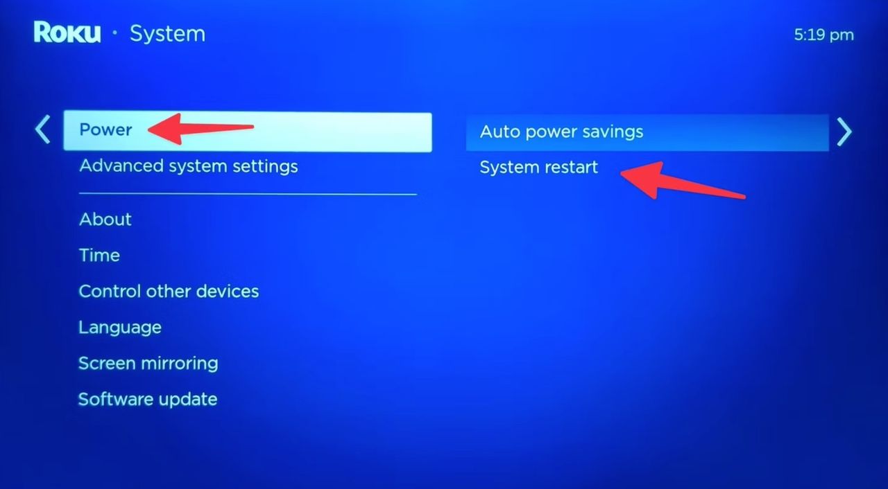 Power restart option in System menu on Roku device