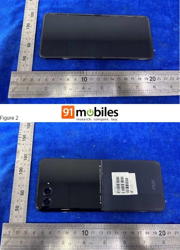 Alleged image of Moto Razr+ 2024 on blue cloth with rulers