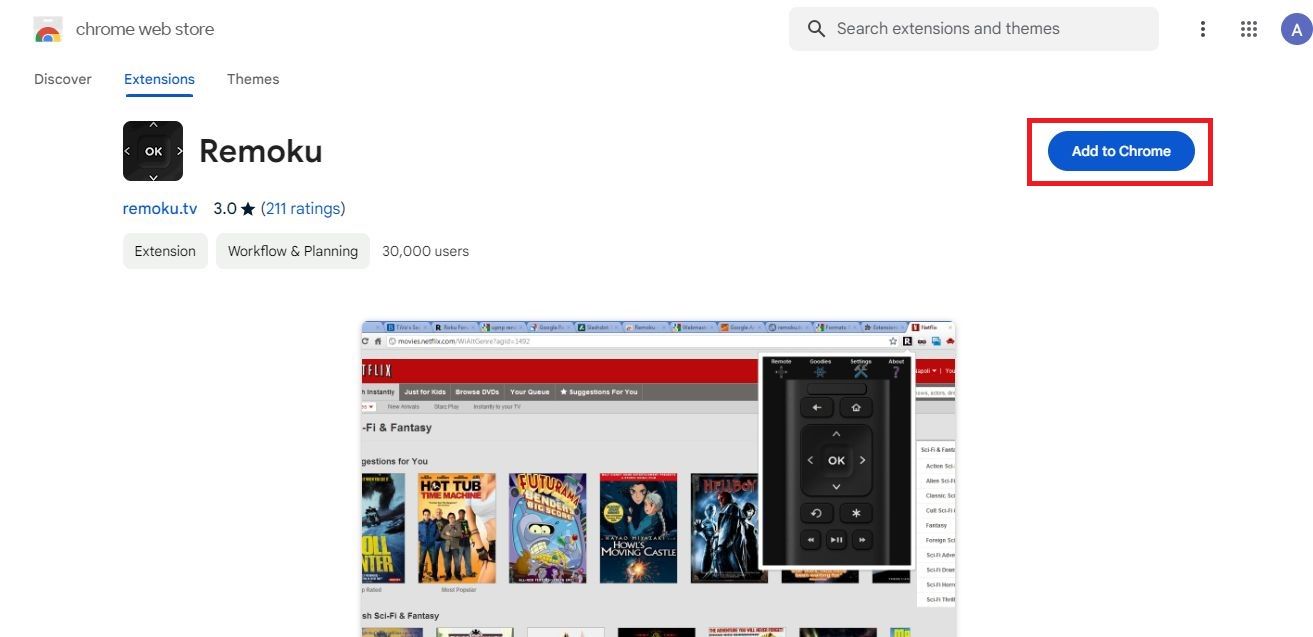 Screenshot highlighting Add to Chrome for the Remoku extension