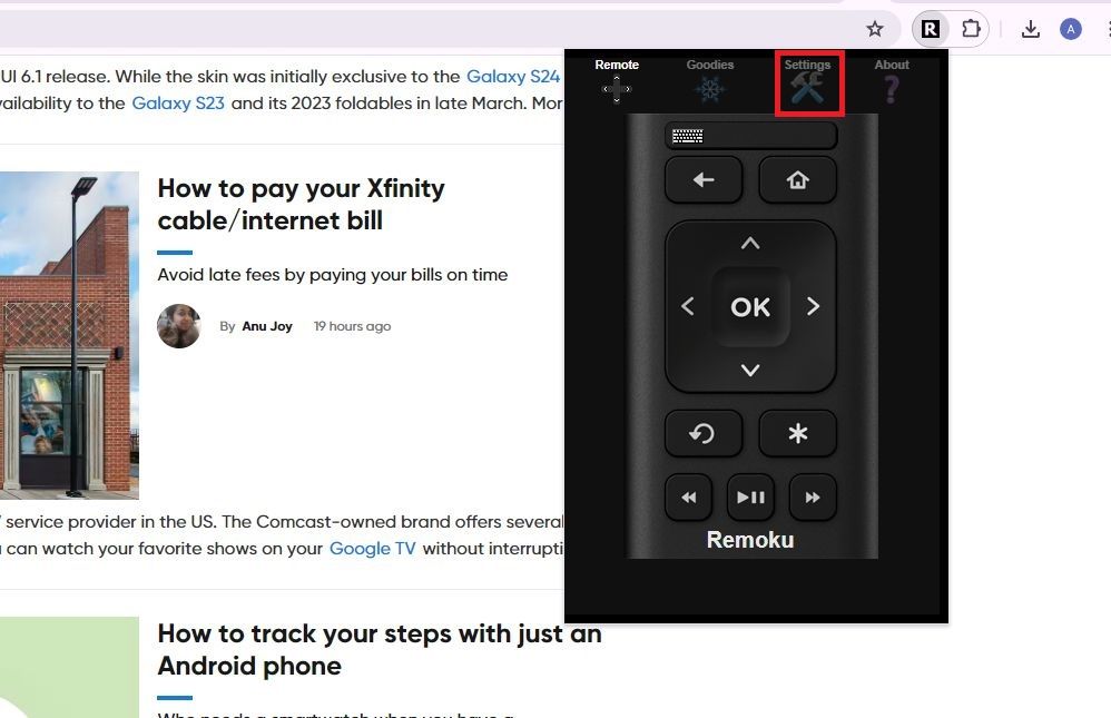 Screenshot highlighting the Settings option on the Remoku pop-up