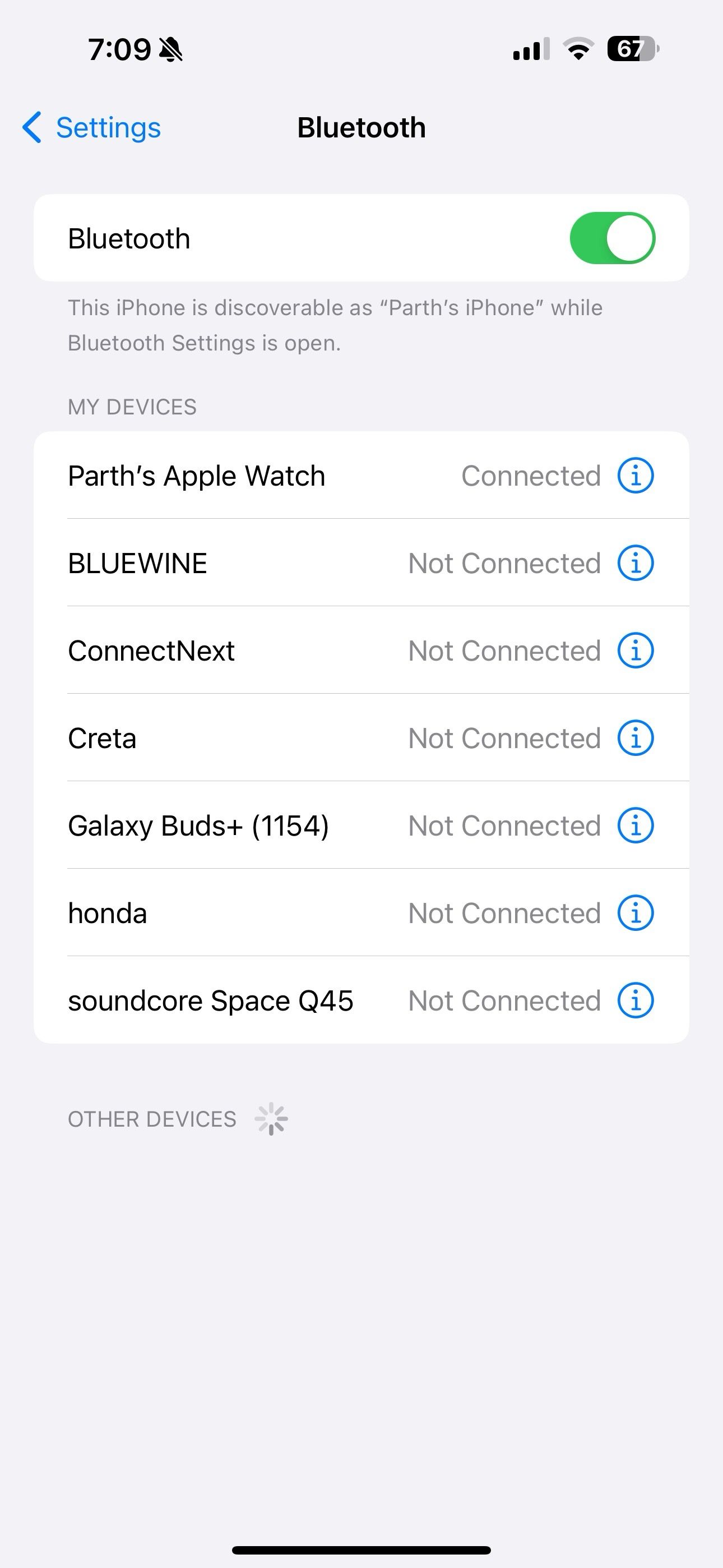 The iPhone Bluetooth settings menu