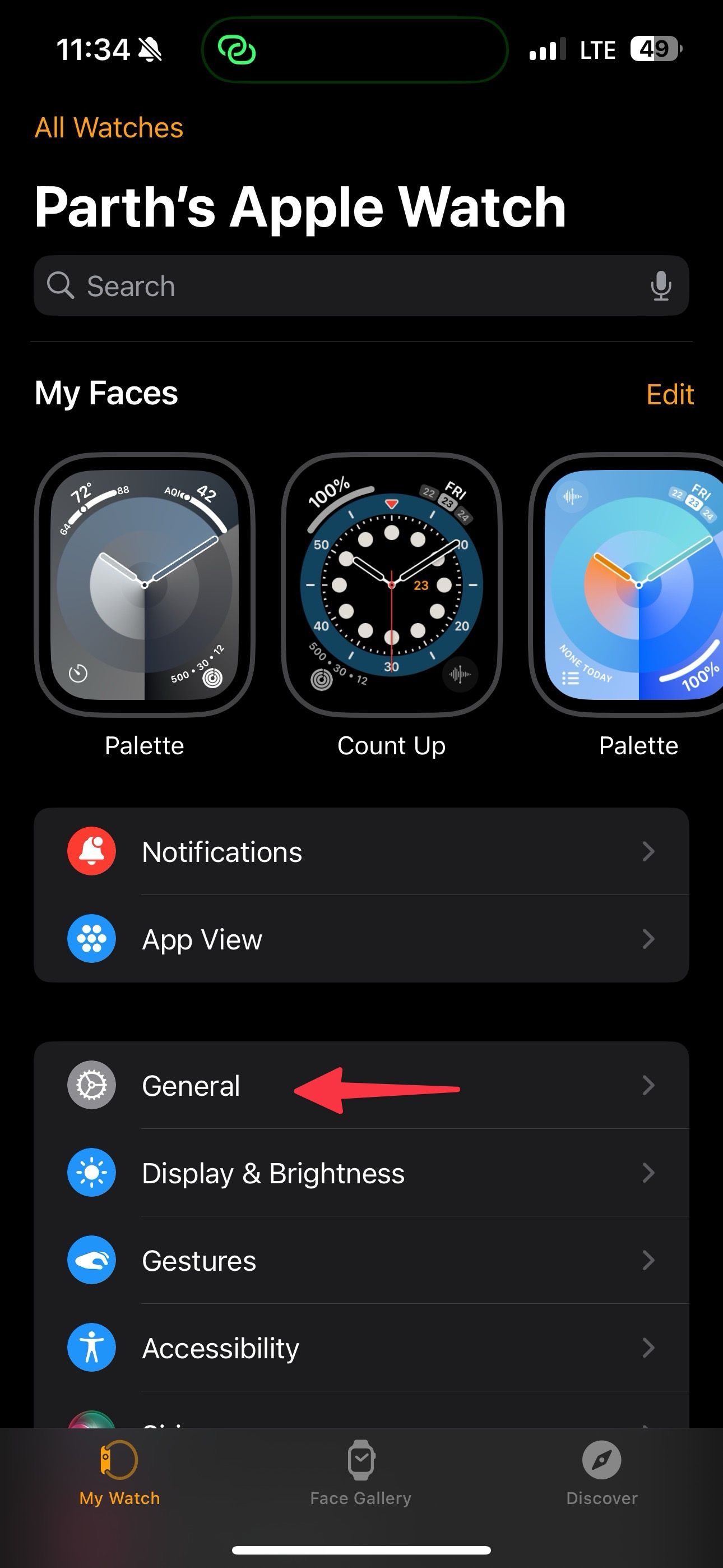 General menu on Apple Watch