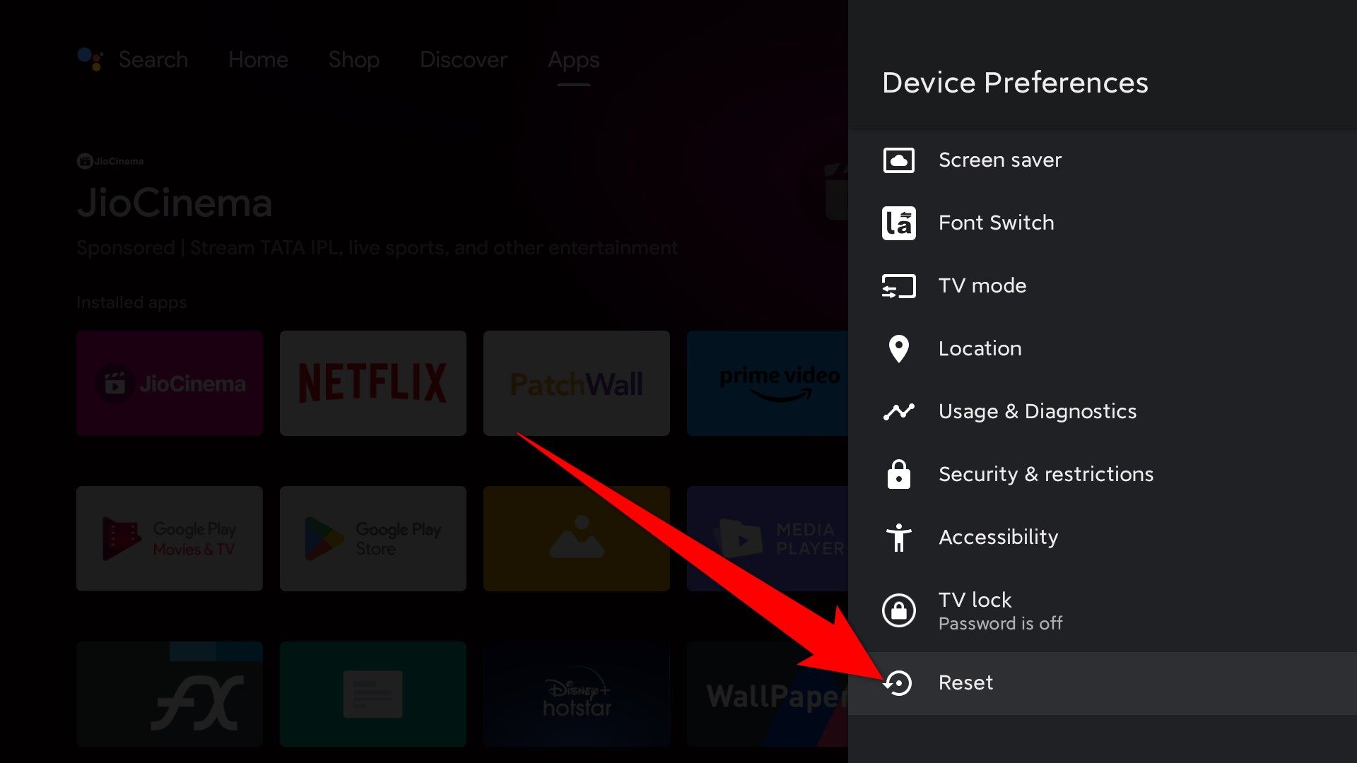 Android TV reset option