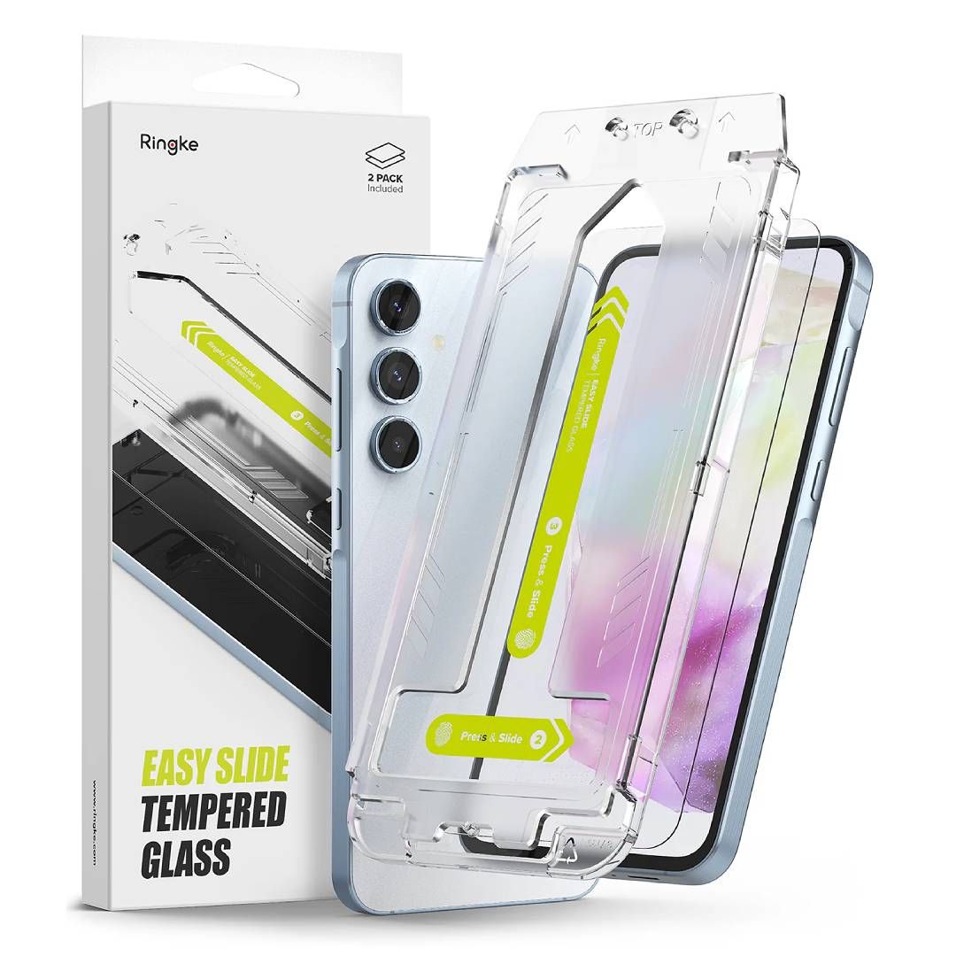 A render of the Ringke Easy Slide Galaxy A35 screen protector and its box and installation bracket