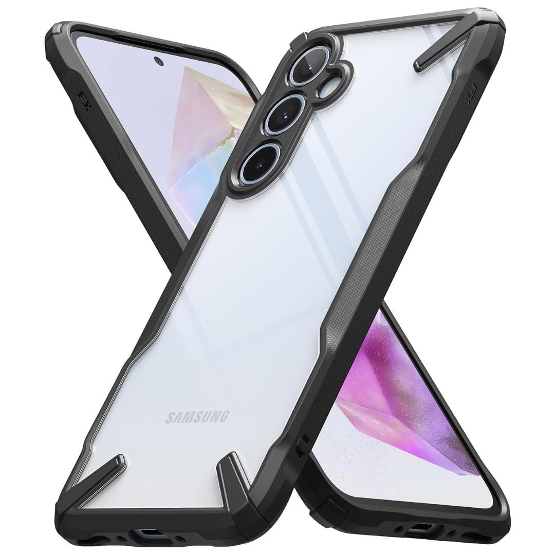 A transparent case on the Galaxy A35 displaying the back of the phone, and the front display behind it