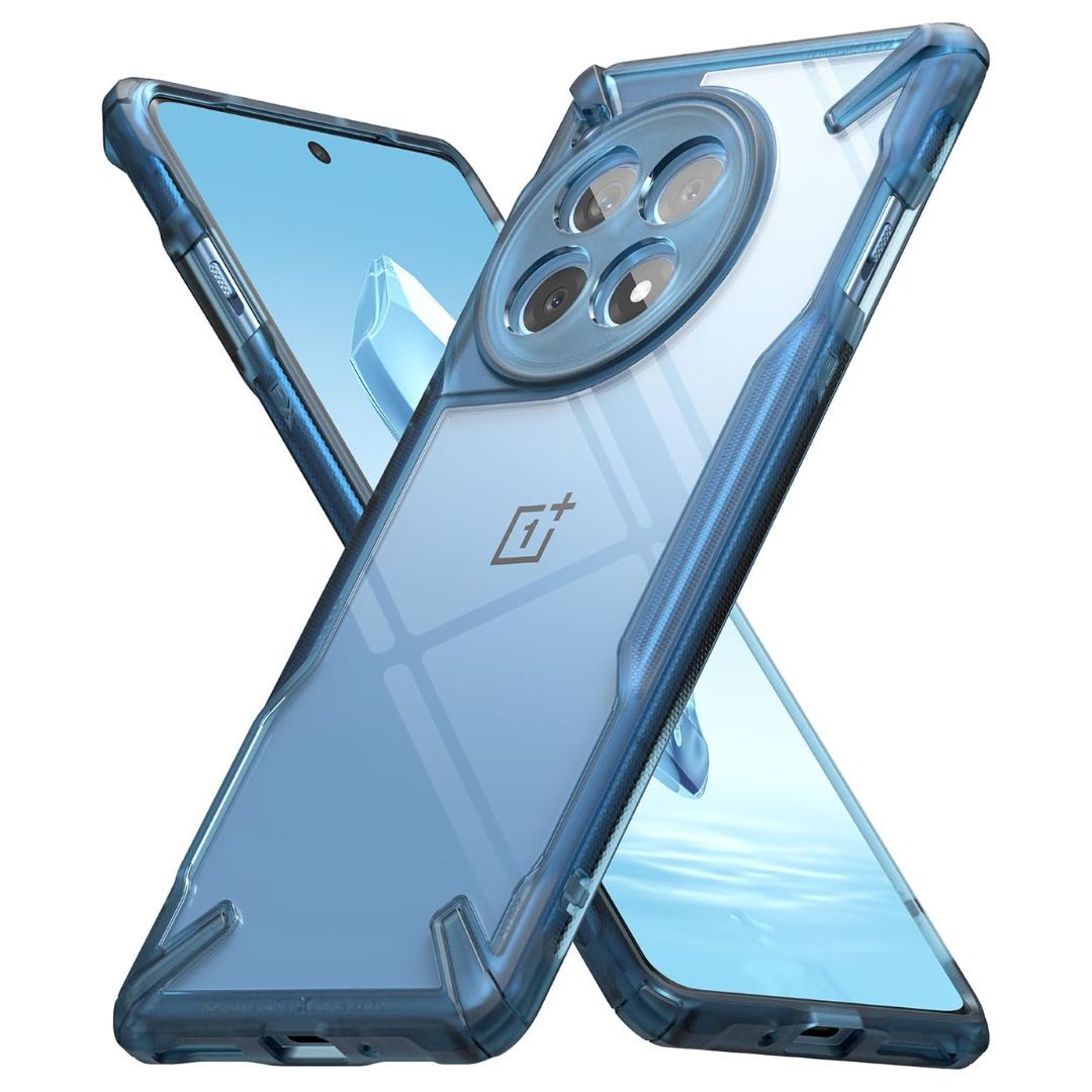 Clear OnePlus 12R phone cover showing the back and front with sides of a smartphone