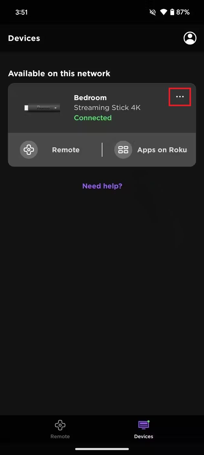 Screenshot highlighting the three-dot menu on the Roku app