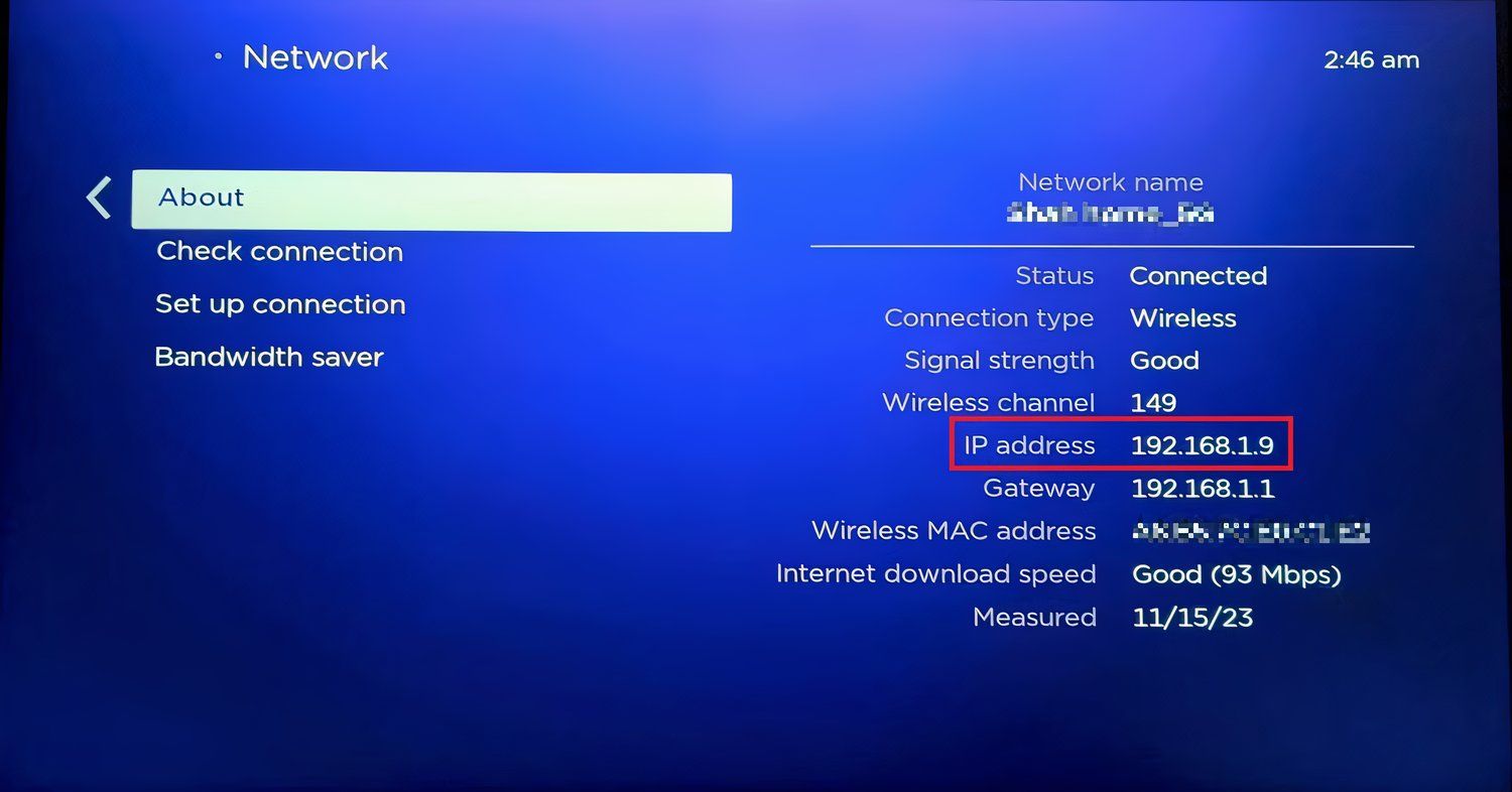 Screenshot highlighting the IP address of Roku 