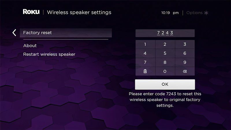 Roku wireless audio device Factory reset screen