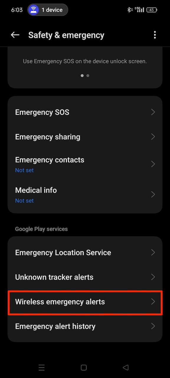 Safety and emergency menu in Android settings