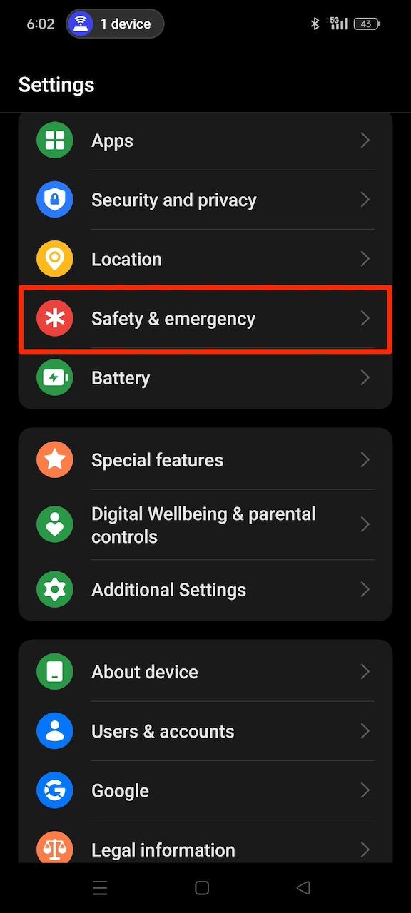 Safety and emergency option in Android Settings menu