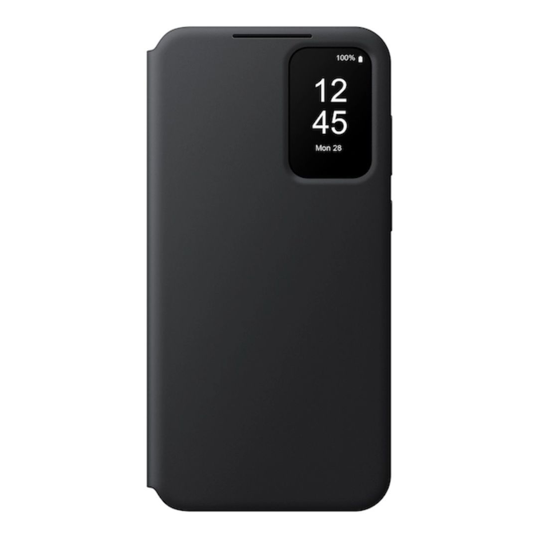 The S view wallet case for Galaxy A35 displaying the front with a cutout showing the display with the clock