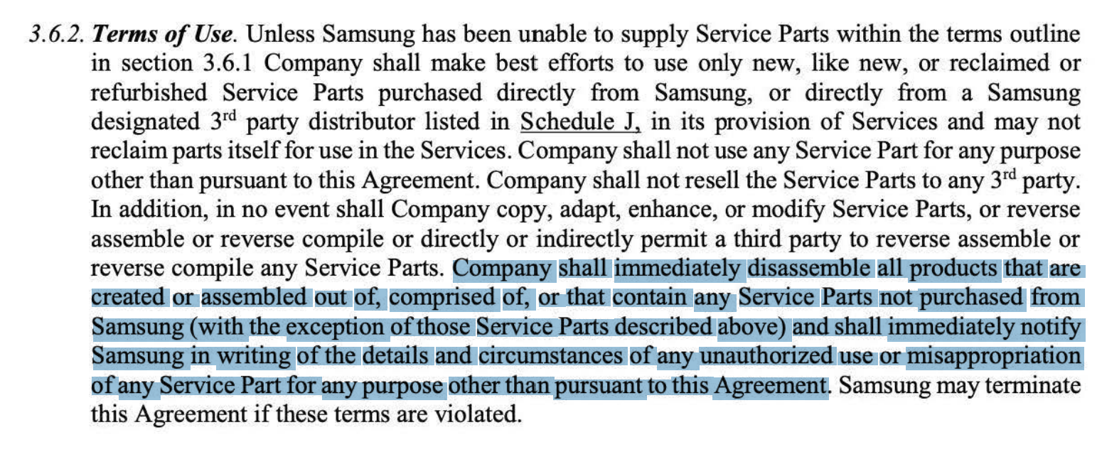 Screenshot of a reported contract between Samsung and a third-party repair shop highlighting that shops need to "immediately disassemble" devices that have aftermarket parts.