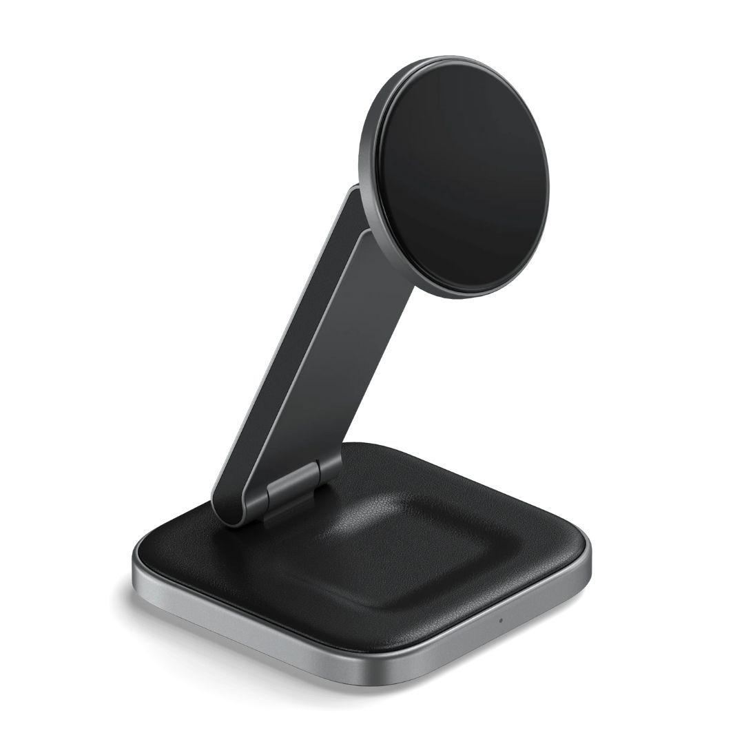 A black wireless charging stand that can charge a phone holding it up and a wearable on its bottom pad