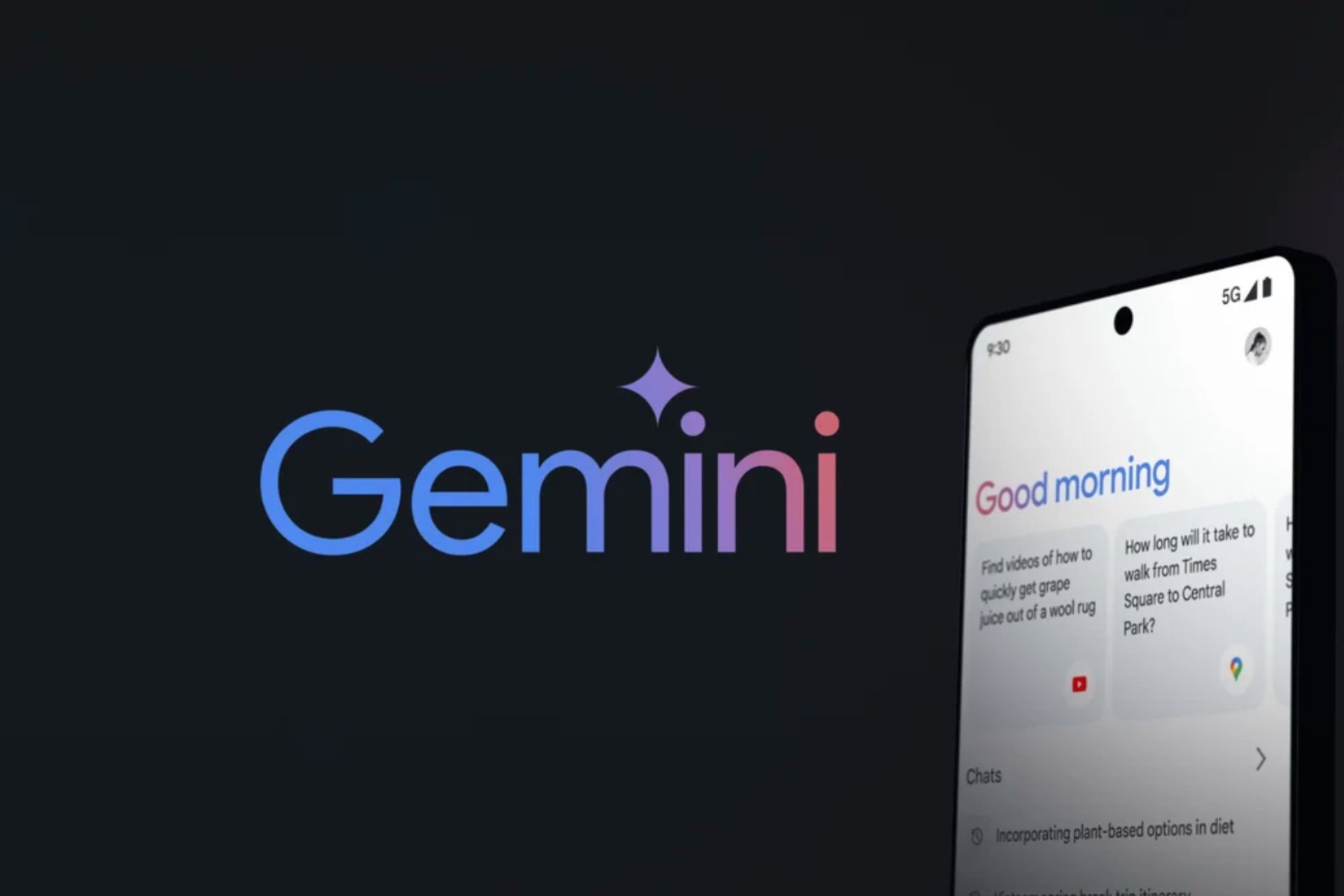 Using Gemini on a smartphone against a Gemini branded background 