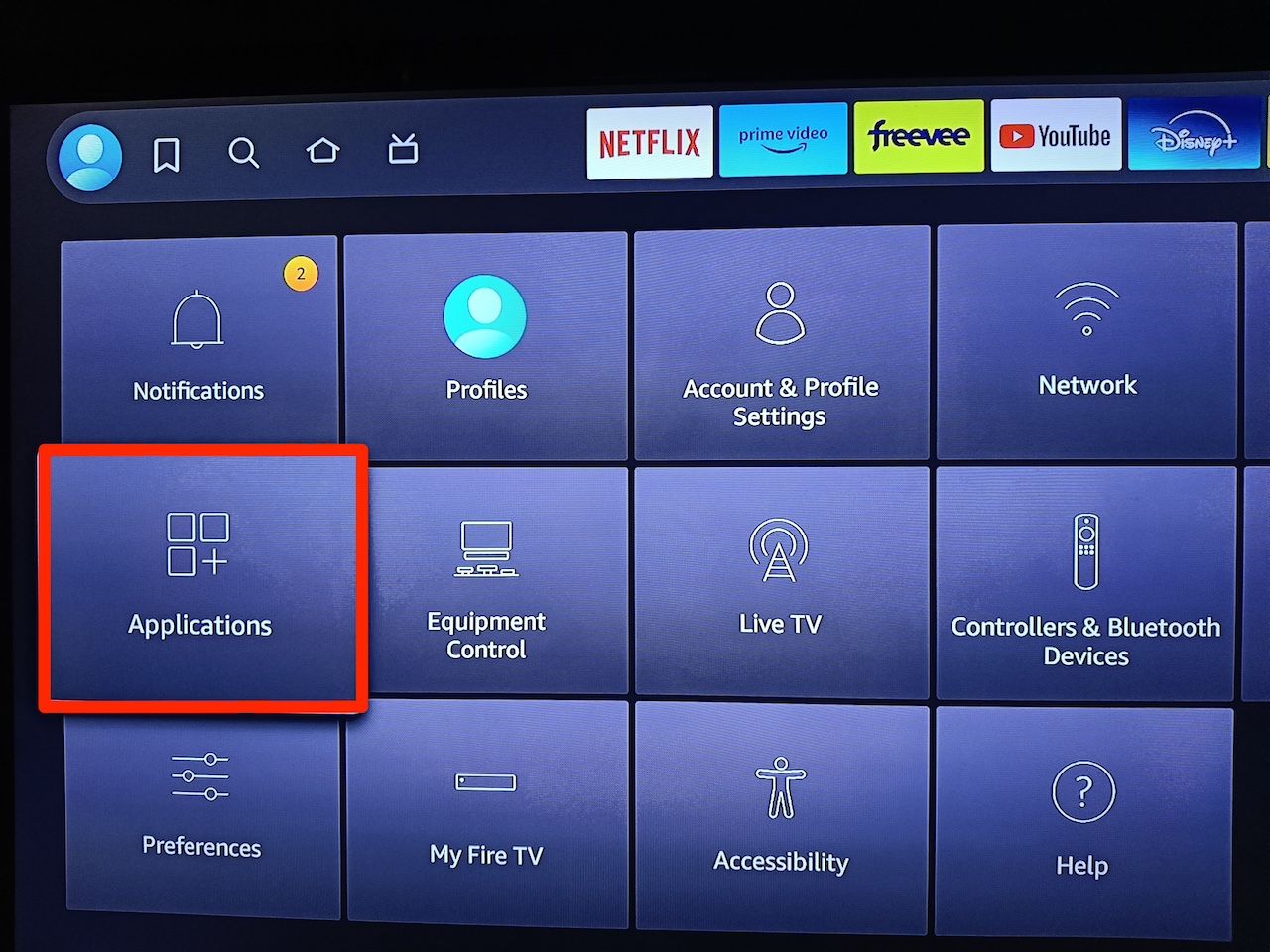 Selecting Applications option on Amazon Fire TV Stick