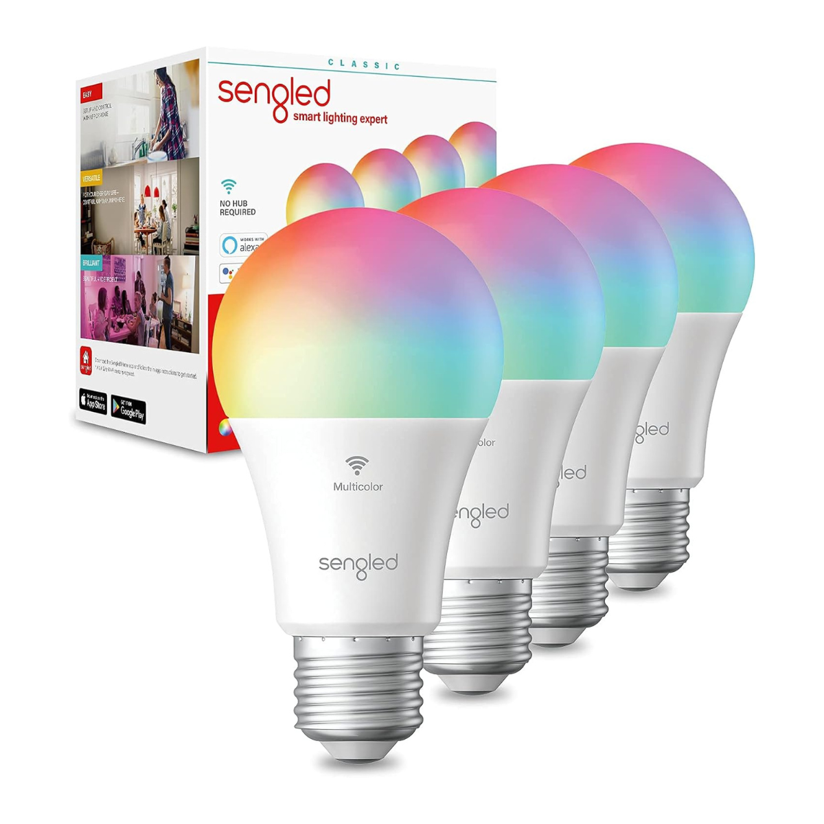 Sengled Wi-Fi Color Changing Light Bulbs pictured next to packaging