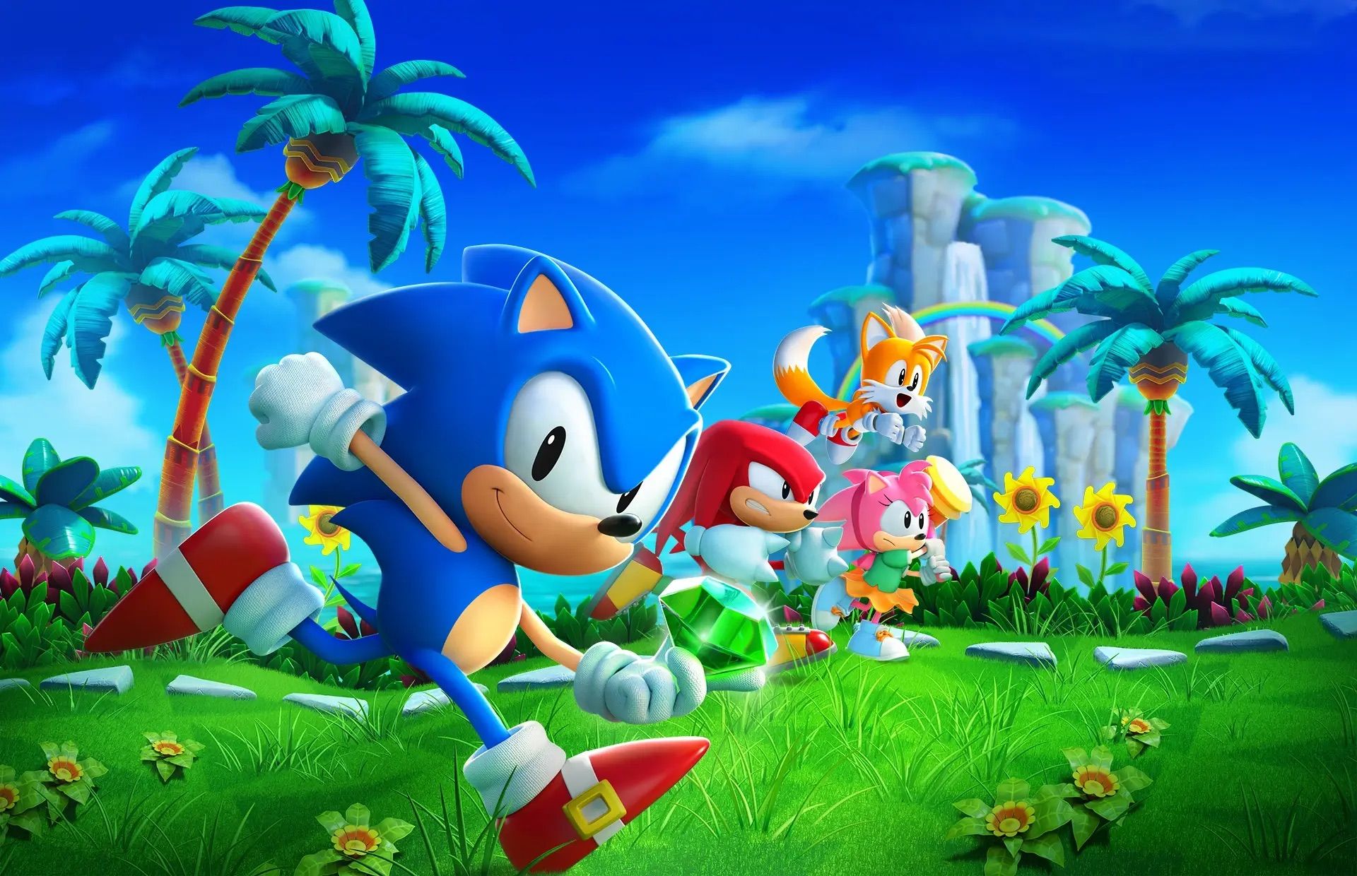 Characters from Sonic the Hedgehog running in a tropical setting