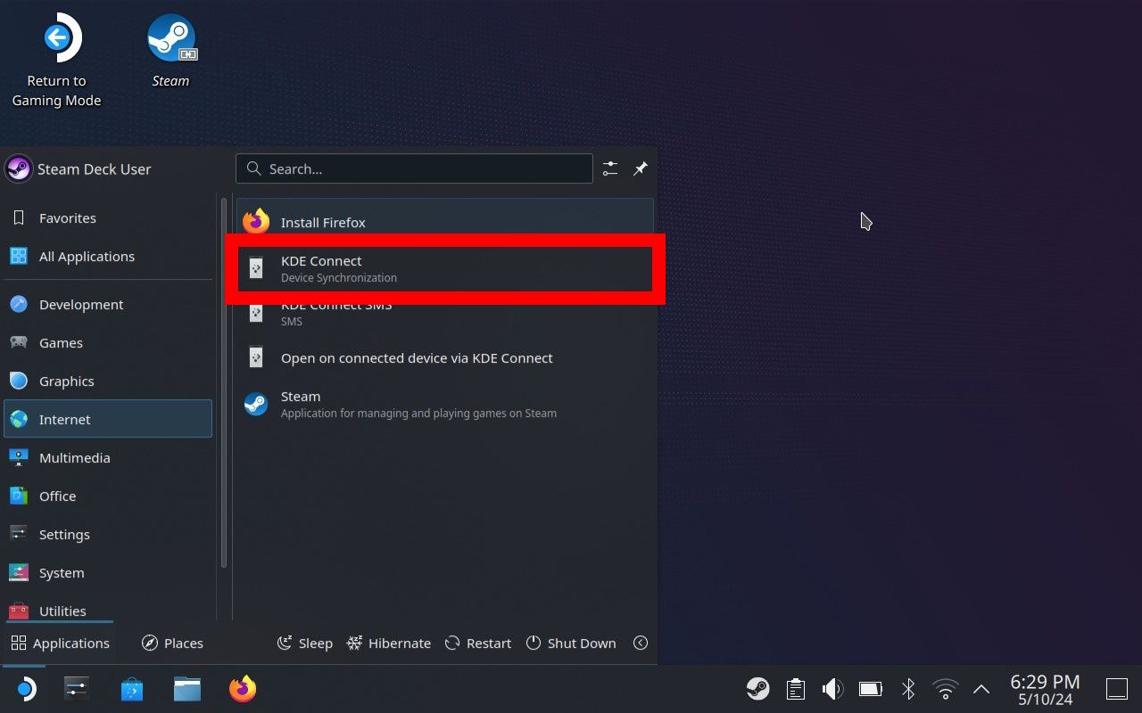 red rectangle outline over KDE Connect under Internet in Steam OS