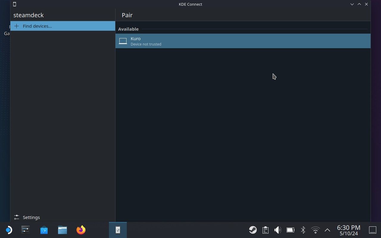 select device inside kde connect app on steam os