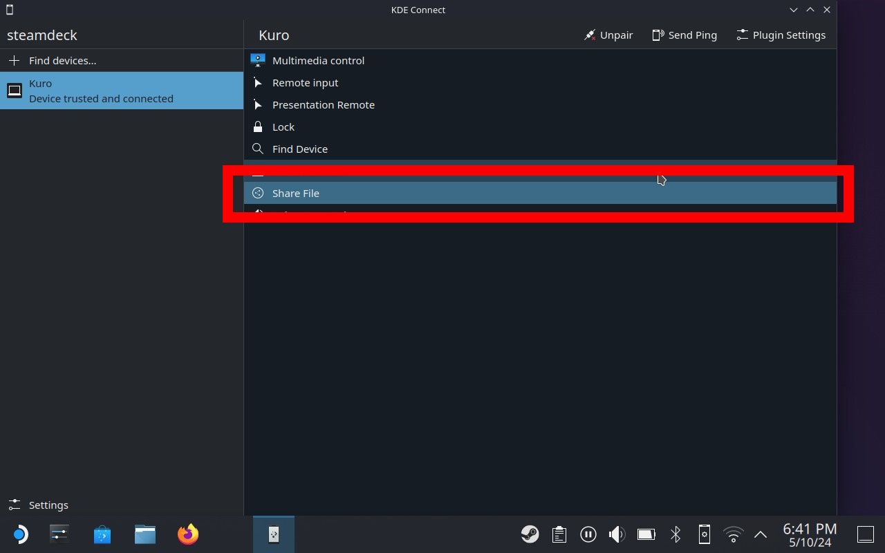 red rectangle outline over share file option in kde connect share files screen