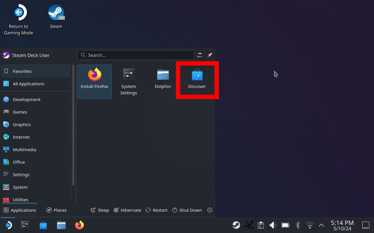 red rectangle box over discover app in steam os