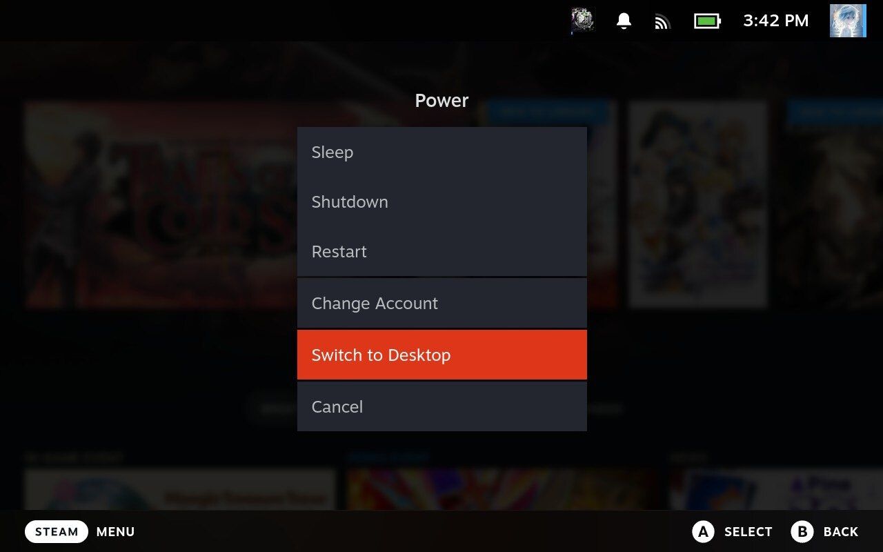 highlighted in red switch to desktop option in steam os