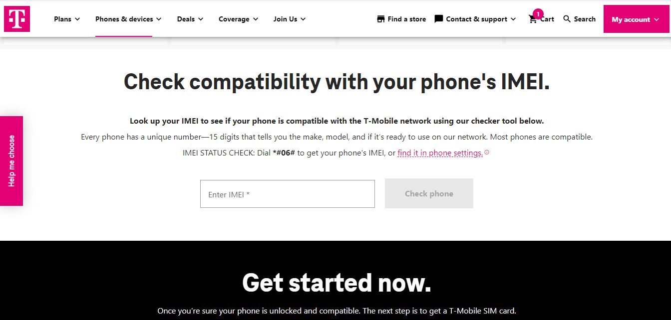 Screenshot Showing the 'Check phone' option on the T-Mobile BYOD website