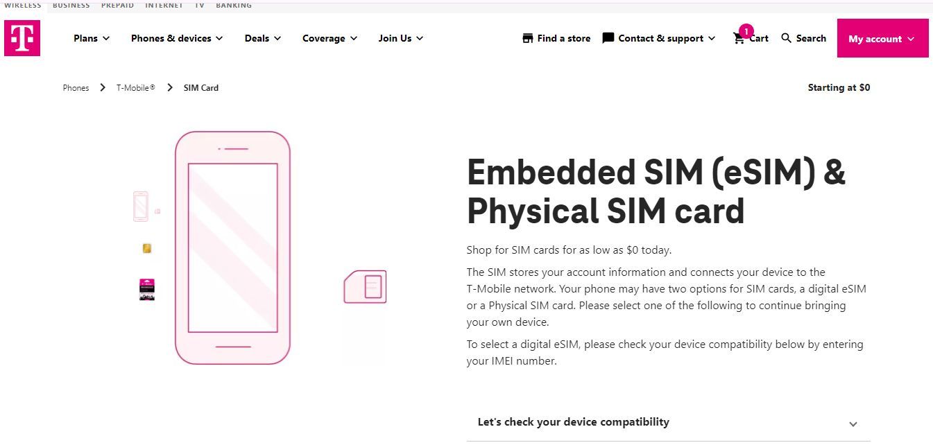 Screenshot Showing the SIM card options on the T-Mobile BYOD website