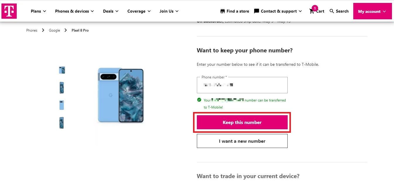 Screenshot highlighting 'Keep this number' on the T-Mobile store website