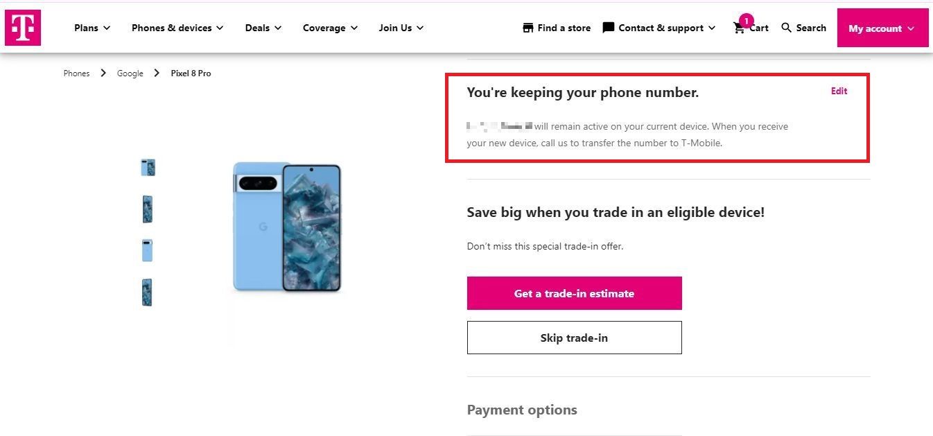 Screenshot highlighting the number transfer instructions on the T-Mobile store website