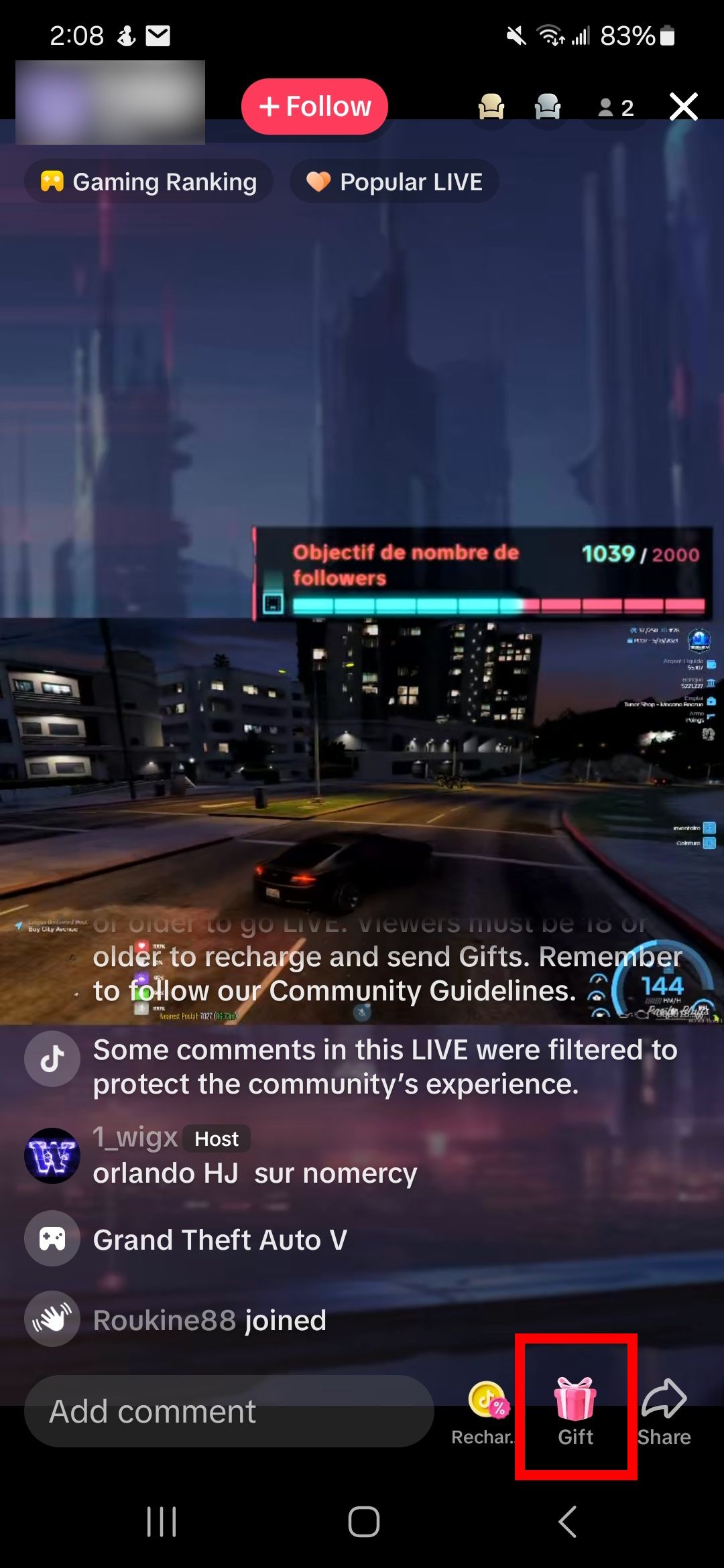 red rectangle outline over gift icon in a tiktok live creator stream