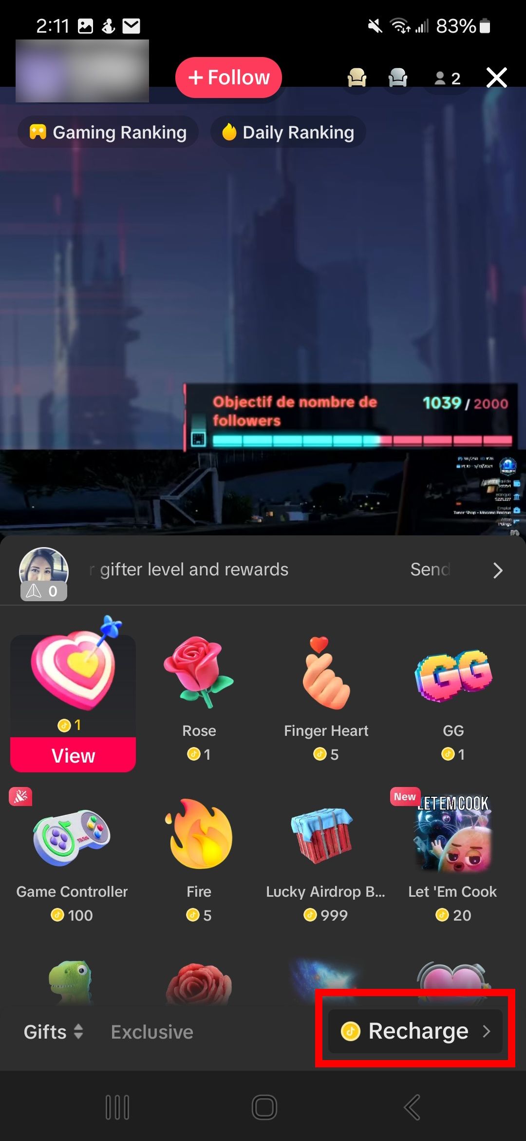 red rectangle outline over recharge option in gift menu during a tiktok livestream