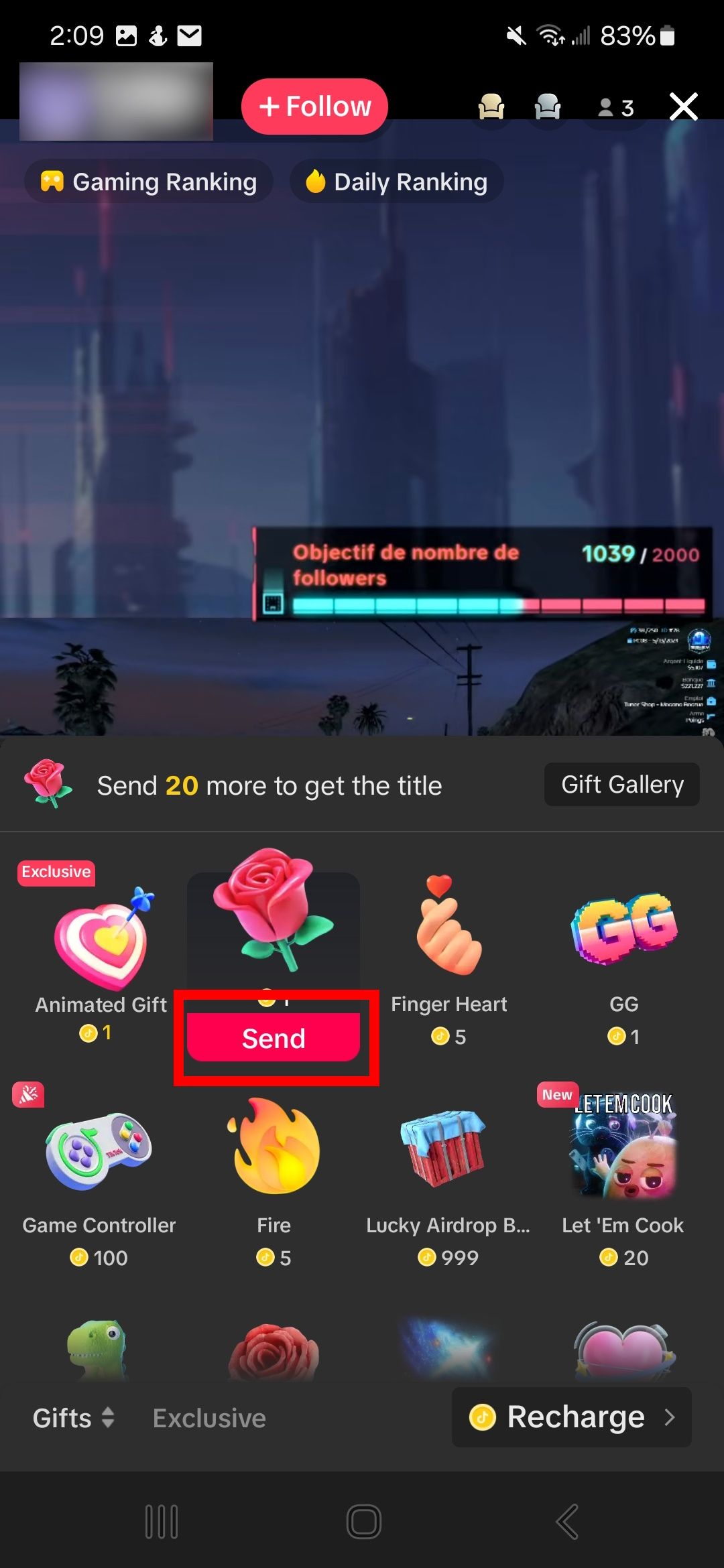 selected tiktok gift option with red rectangle outline over send button