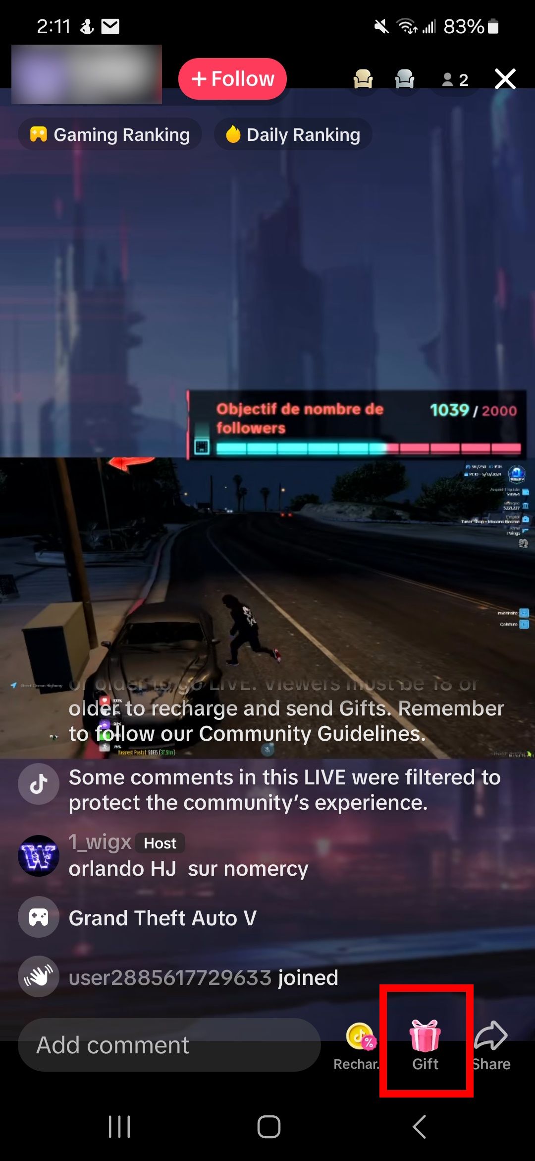 red rectangle outline over gift icon in a tiktok livestream