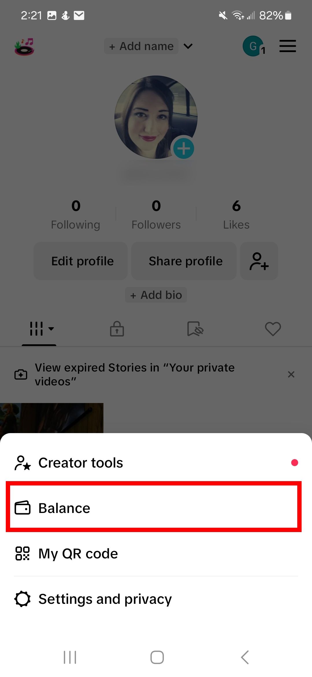 red rectangle outline over balance under more options on tiktok profile page