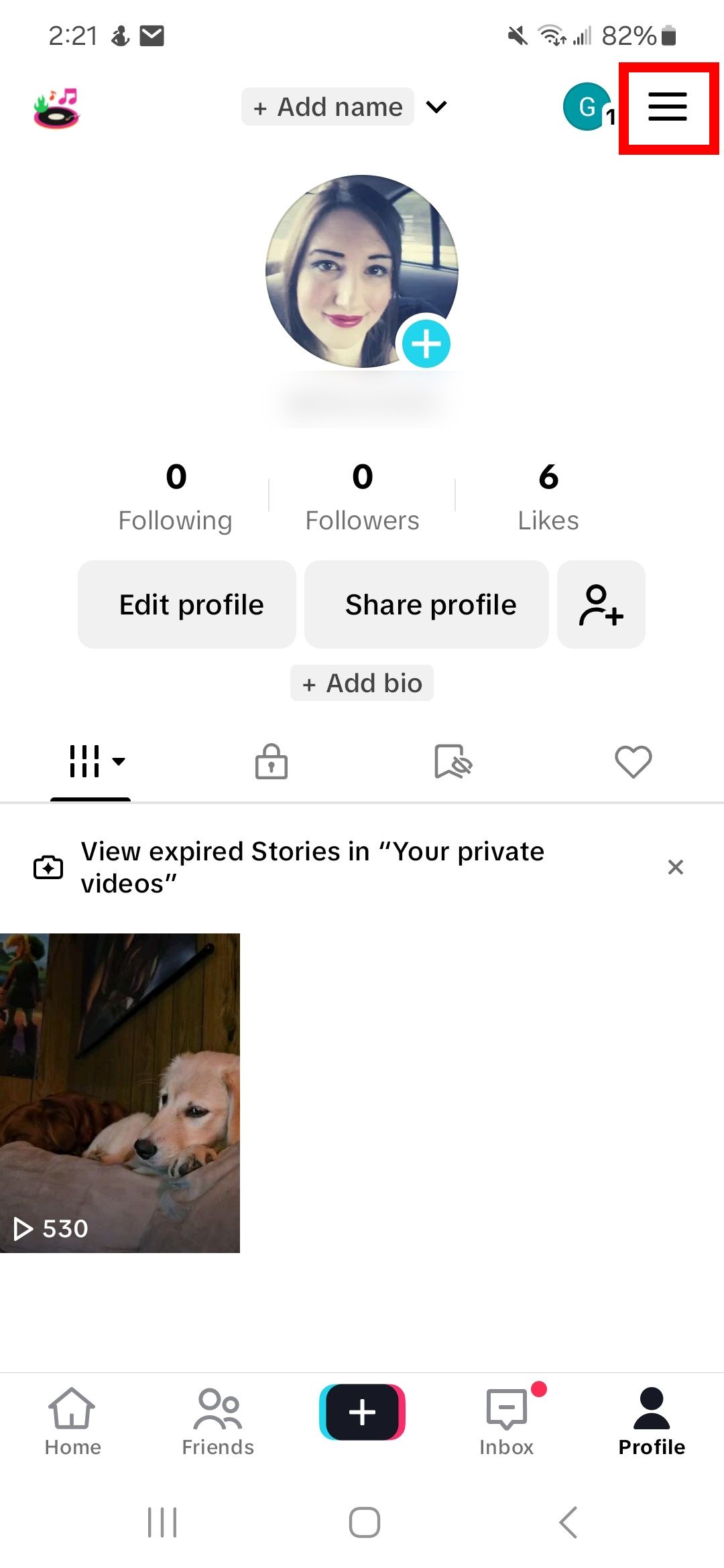 red square outline over menu icon on top right of tiktok profile page