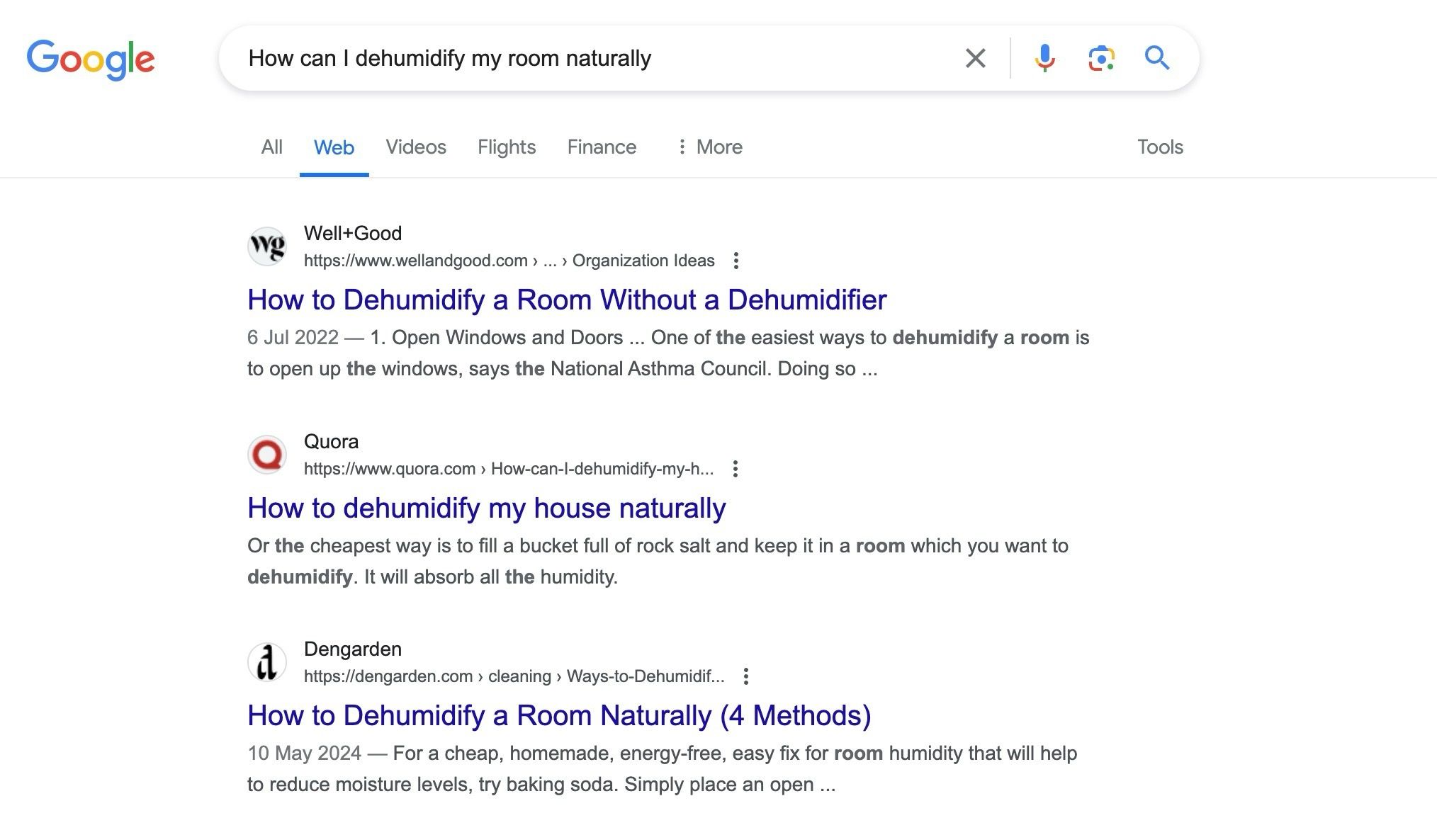 Google search page without web filter