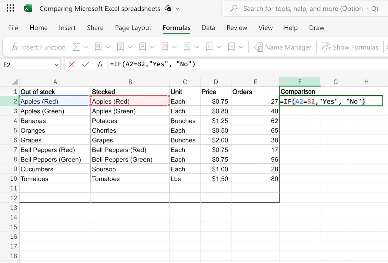 Typing the IF function in Microsoft Excel spreadsheet