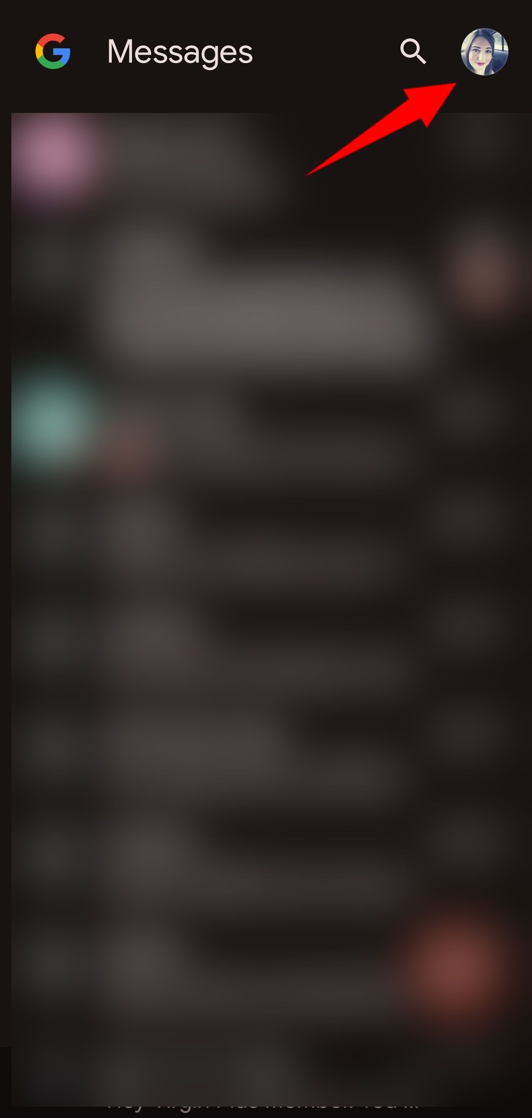 red solid arrow pointing to google profile icon in messages app