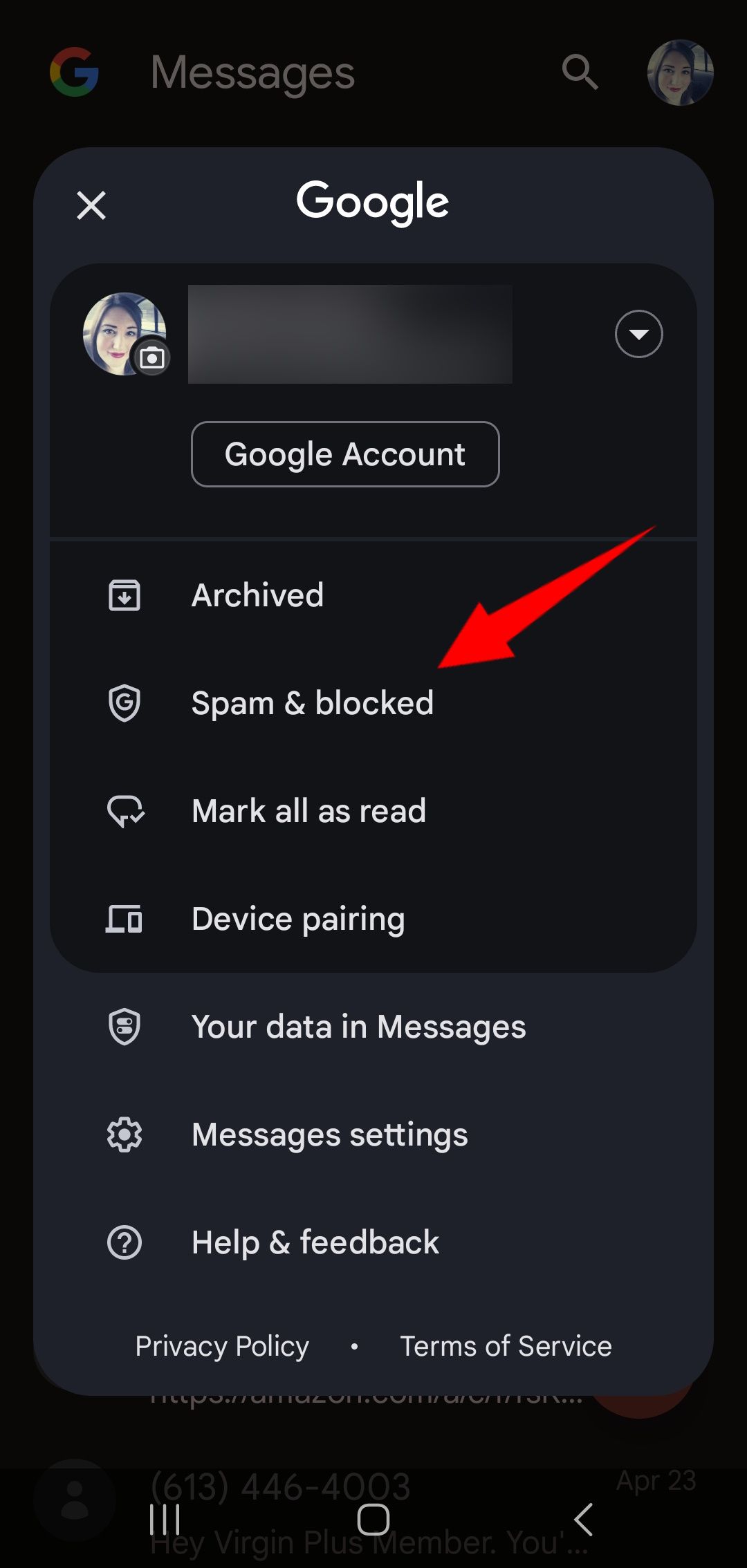 red solid arrow pointing to spam & blocked option in google messages menu